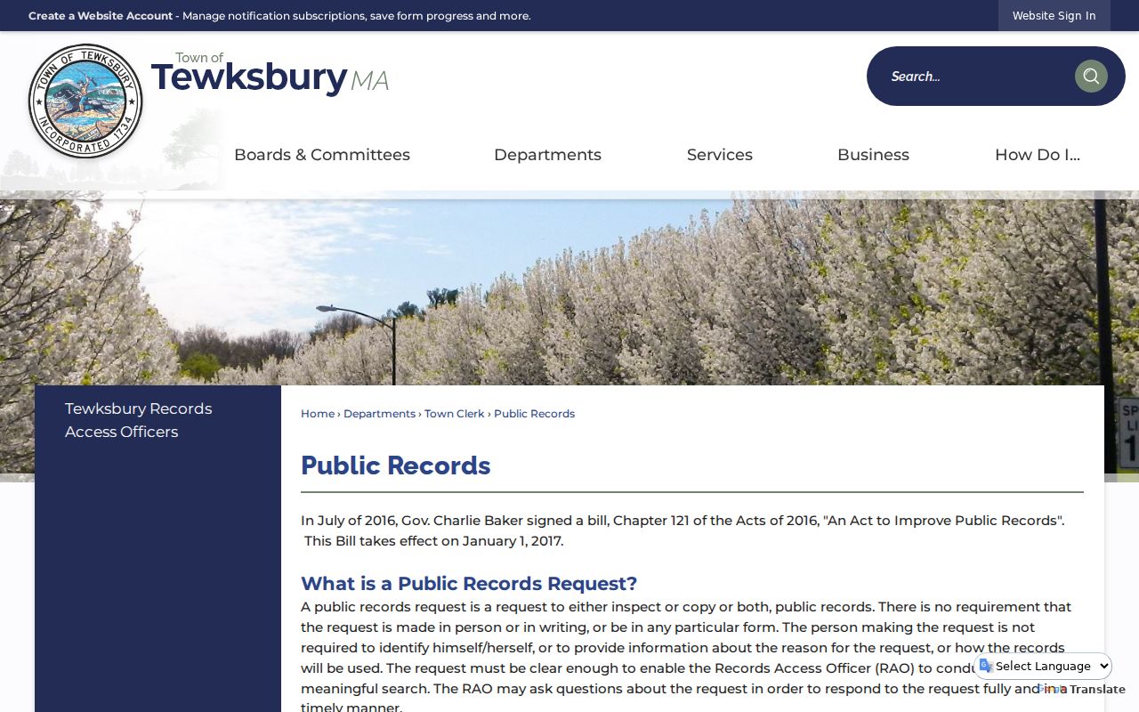 Tewksbury residents directory Town public-records request instructions