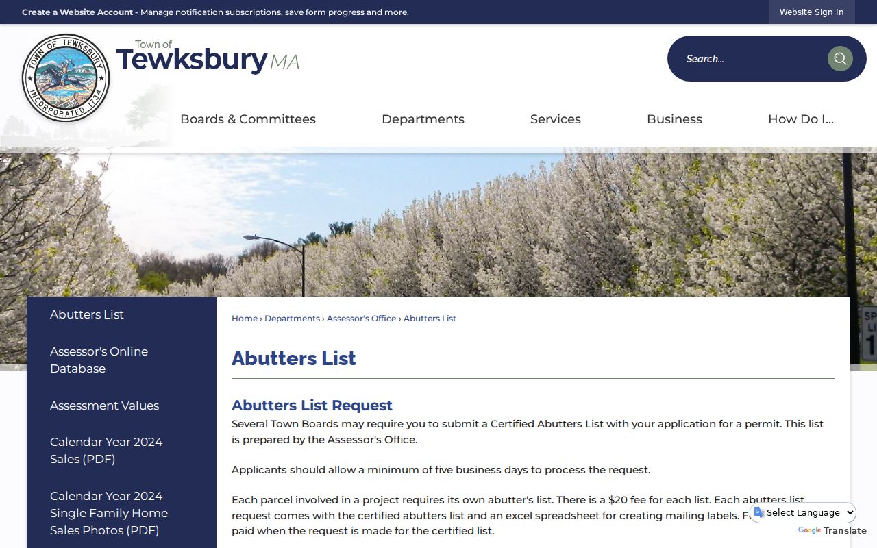 Tewksbury neighbors certified abutters list request information