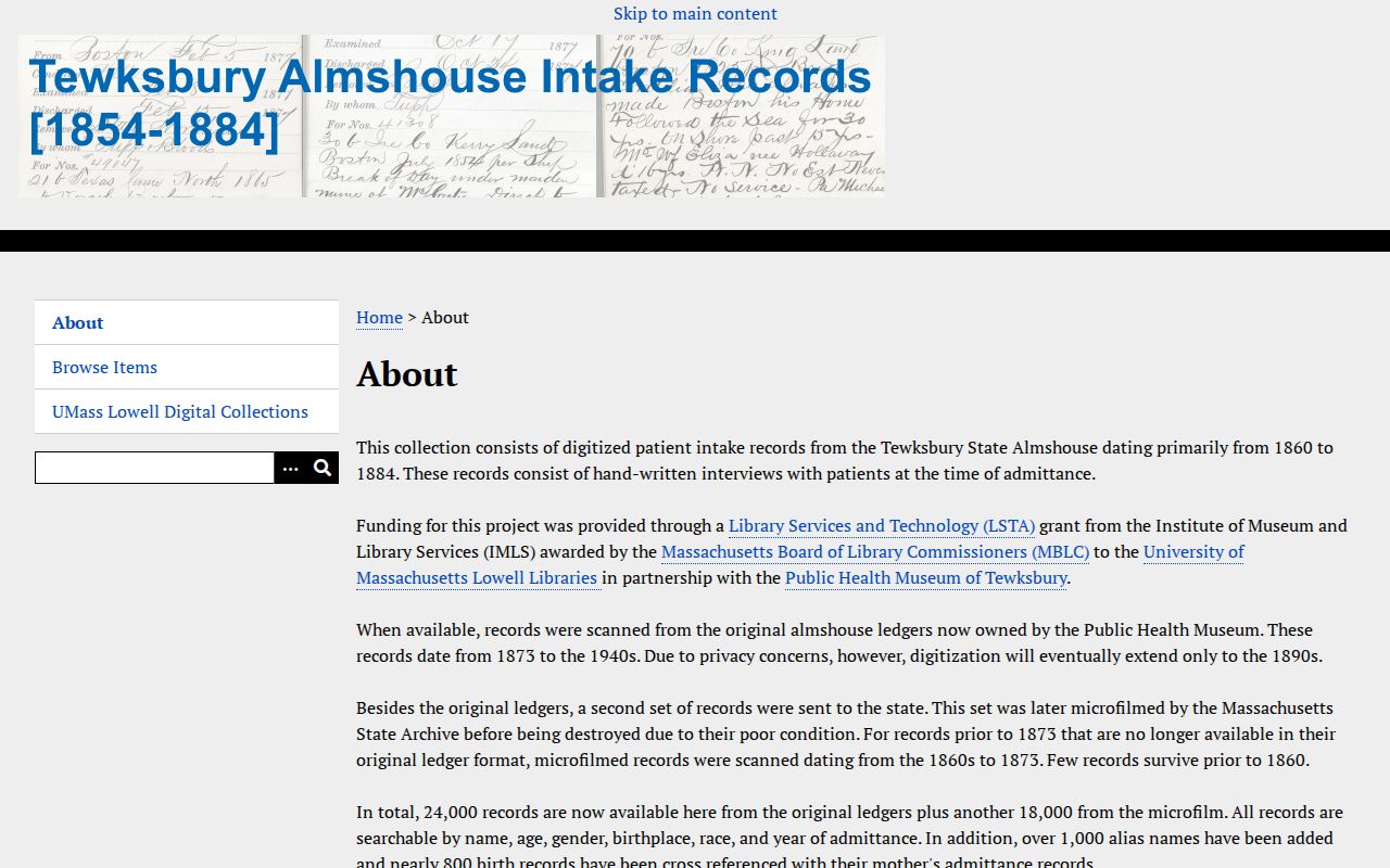 Tewksbury Previous Residents research in the Almshouse intake collection