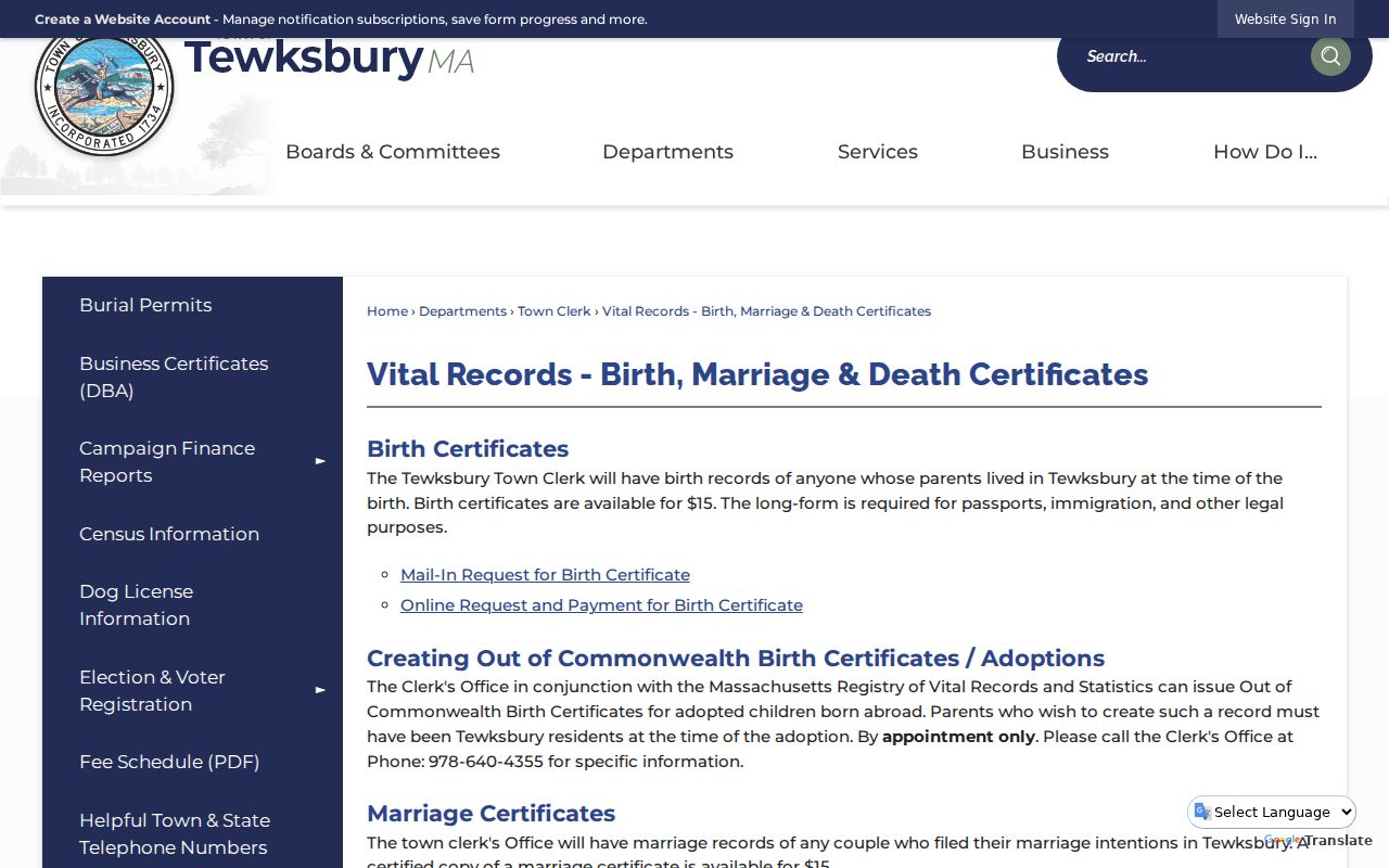 Tewksbury Resident Lookup local vital records ordering information